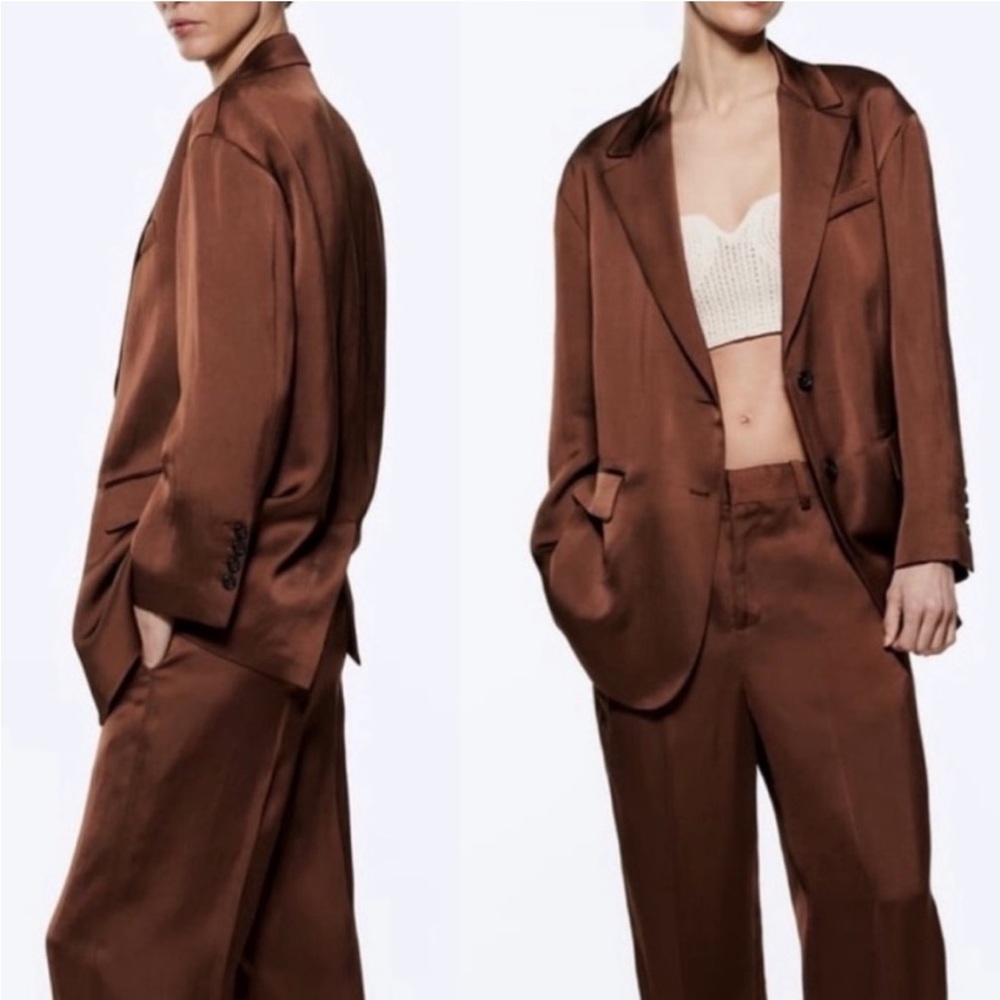 Zara Brown Satin Suit Set